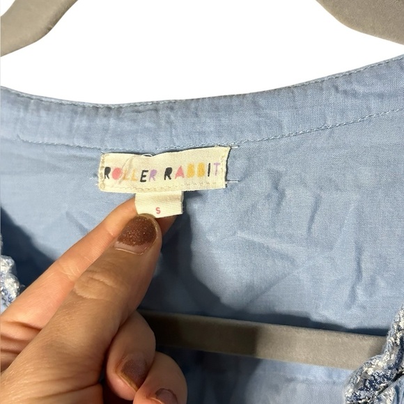 Roller Rabbit Nydia Blue Crosshatch Embroidered Puff Sleeve Boho Mini Dress M - Picture 5 of 6